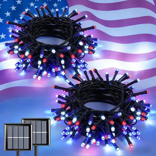 Vista 13 de QITONG Paquete de 2 luces solares de Navidad multicolor, cada cadena de 100 luces LED de 33 pies para exteriores, impermeable, 8 modos de cable