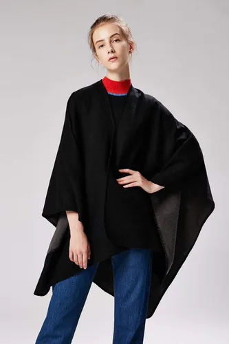Vista 2 de Chal de punto para mujer, a cuadros, con parte delantera abierta, tipo poncho, tipo capa envolvente