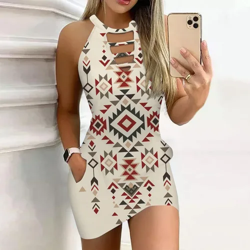 Vista 2 de BDPORKAS Mini vestidos para mujer 2023 verano casual moda estampado halter ajustado vestido de tirantes con bolsillos
