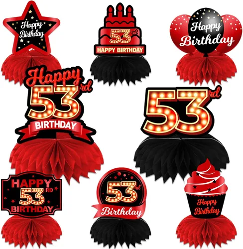Vista 25 de Feliz 45 cumpleaños rojo y negro centros de mesa de panal de abeja decoraciones de globos decoración de mesa centros de mesa para niñas mujeres