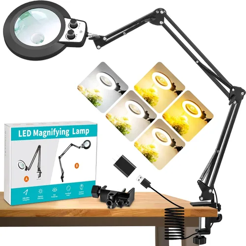 Vista 9 de Lupa 12X con luz con abrazadera, brazo largo extendido de 35.2 pulgadas Overhead Button Magnifier Lamp 4.2in Real Glass, Adjustable