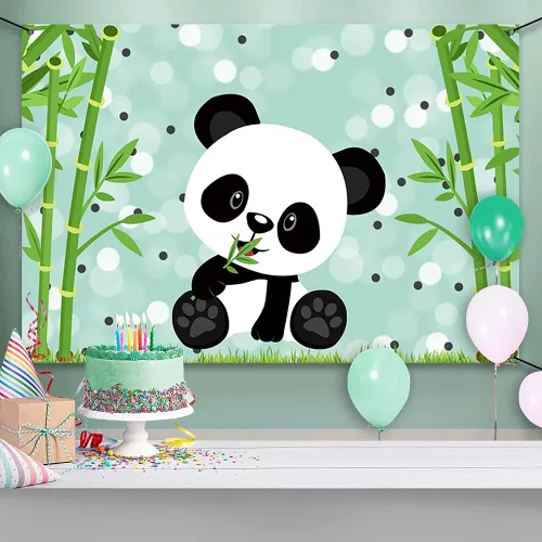 Vista 6 de AWERT Cartel de poliéster de 6 x 3.6 pies con lindo panda de dibujos animados para niños, decoración de fiesta de cumpleaños, suministros de fiesta