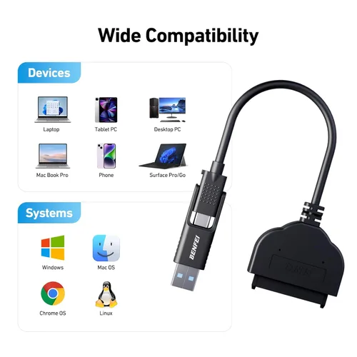 Vista 5 de BENFEI Cable SATA a USB, adaptador de disco duro USB C/USB 3.0 a SATA III 2 en 1 compatible con HDD y SSD de 2.5 pulgadas