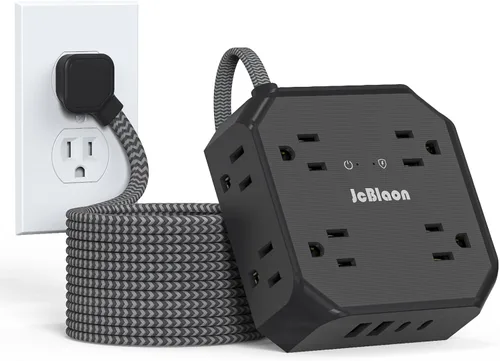 Vista 9 de Protector de sobretensiones - Cable de extensión de enchufe plano de 15 pies con 8 tomas amplias y 4 puertos USB (2 USB C), extensor de salida