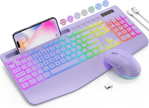 Vista 12 de Combo de teclado y mouse inalámbricos SABLUTE - 9 efectos retroiluminados, 2.4 GHz Ergo Wrist Rest, Phone Holder, Full Size, Rechargeable, Sleep