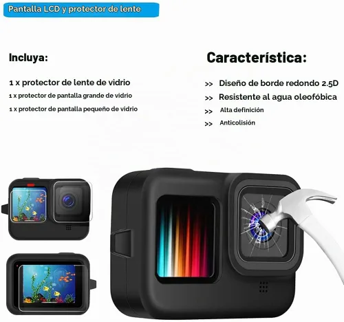 Vista 4 de Carcasa impermeable para GoPro Hero 13, 12, 11, 10, 9, protector de pantalla de vidrio templado negro, funda protectora de silicona, kit