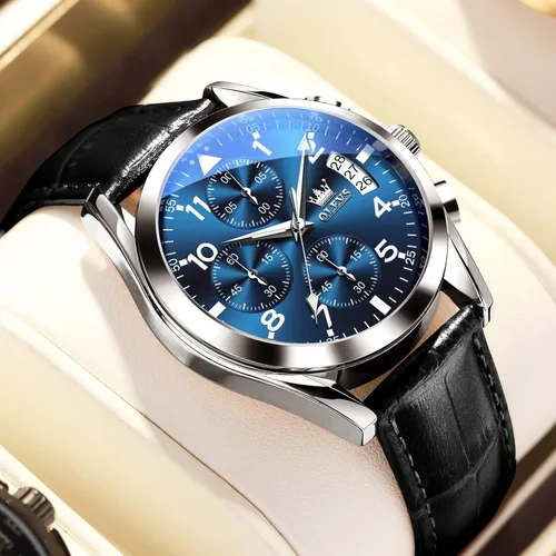 Vista 6 de OLEVS Reloj cronógrafo de cuarzo para hombre, correa de cuero dorada con fecha de día, reloj de pulsera de acero inoxidable impermeable, relojes