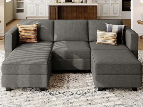 Vista 16 de Belffin Sofá seccional modular de tela en forma de U Sofá seccional doble diván Sofá otomano convertible con almacenamiento negro