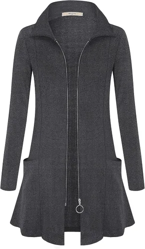 Vista 2 de Miusey Sudadera Túnica con Cremallera para Mujer Cuello Collar Chaqueta Larga Ligera Cárdigans