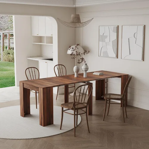 Vista 13 de Mesa de comedor plegable de madera expandible para espacios pequeños, mesa de comedor extensible para ahorro de espacio, mesa de cocina rectangular
