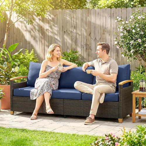 Vista 9 de Outsunny Sofá de 3 plazas para exteriores, sofá de mimbre PE para patio con asientos profundos amplios, cojines de espuma de 4 pulgadas Beige