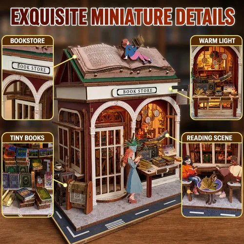 Vista 4 de Rompecabezas de madera 3D, kits de rincón de libros para adultos, kits de construcción de casas en miniatura, manualidades de madera