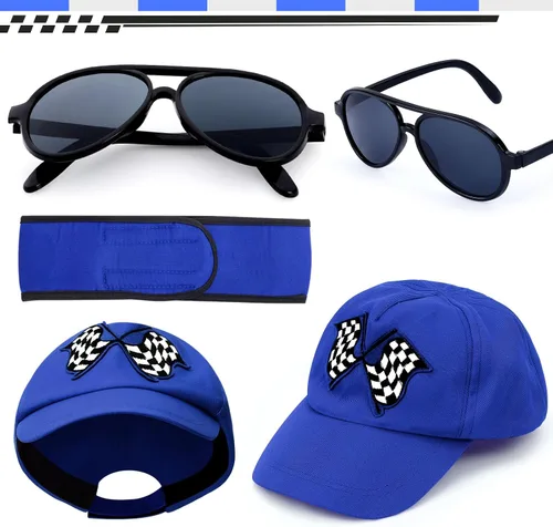 Vista 4 de Latocos Disfraz de piloto de carreras para niños y niñas, overol de corredor con gorra de automóvil, lentes de sol, disfraz para niños, juego de rol