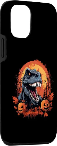 Vista 3 de Carcasa espeluznante de Halloween para iPhone 14, diseño de dinosaurio T Rex calabaza