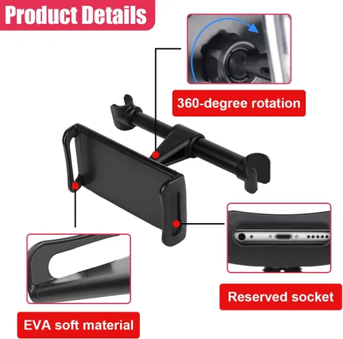 Vista 8 de Soporte para Reposacabezas de Automóvil, Universal Giratorio de 360 Grados para Tableta y Teléfono del Asiento Trasero, Soporte Ajustable