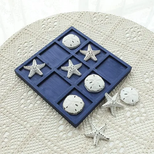 Vista 5 de SOFFEE DESIGN Estrella de mar de madera Tic Tac Toe Decoración Playa Océano estilo para decoración de habitación divertida, dólar de arena