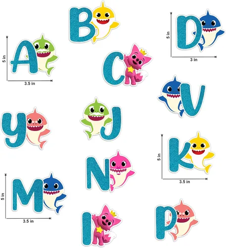 Vista 3 de BBY Shrk A-Z - Adhesivo decorativo para pared, diseño colorido de caricaturas con letras con iconos del océano, suministros educativos divertidos