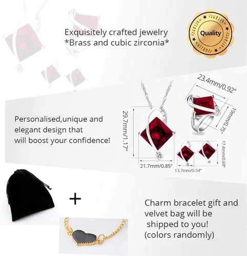 Vista 6 de Uloveido T295 - Juego de collar anillo y aretes con topacio de cristal cuadrado grande