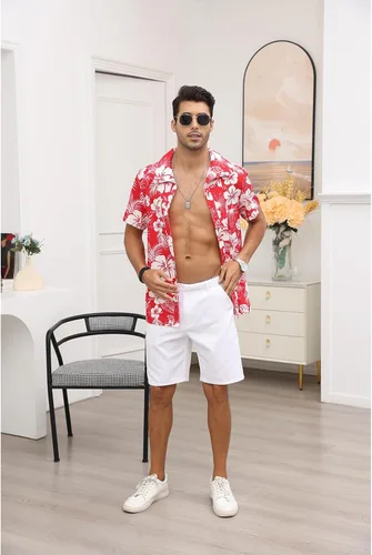 Vista 4 de Camisa floral hawaiana para hombre, estilo casual, con botones, tropical, para la playa