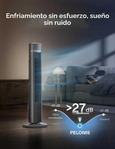 Vista 5 de PELONIS Ventilador de torre sin aspas de 40 pulgadas para dormitorio, ventilador de pie con control remoto, 26 pies/s, oscilación de 90°, 3 ajustes