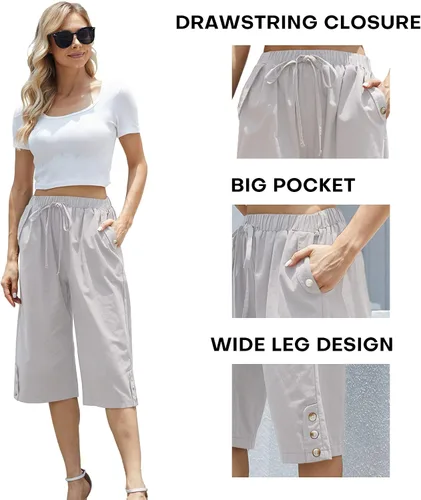 Vista 5 de WROLEM Women Pocket Pants Lightweight Wide Leg Drawstring Elastic Waist Yoga Lounge Cropped Pants