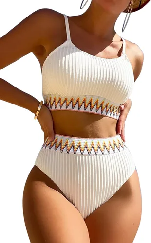 Vista 3 de Lilosy Conjunto de bikini de cintura alta con control de abdomen y contraste acanalado, traje de baño de elastano, 2 piezas