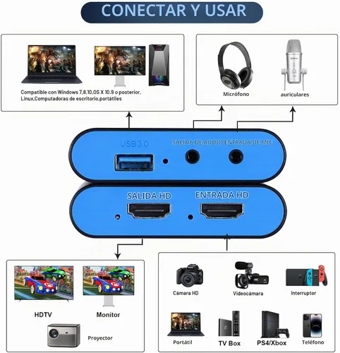 Vista 3 de USB 3.0 HDMI Video Capture Card for Switch 2 PS5 Xbox DSLR Streaming Azul