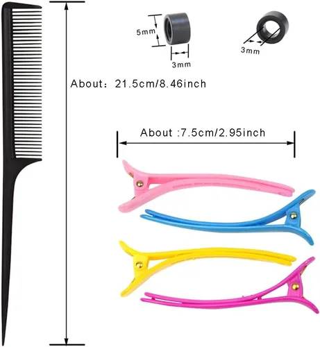 Vista 2 de Kit de herramientas para extensiones de cabello: 500 cuentas de silicona con microlíneas (negro) enhebrador de aguja de bucle, aguja de gancho
