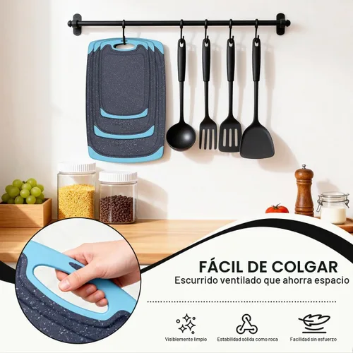 Vista 8 de Tabla de cortar de plástico, 3 tablas de cortar aptas para lavavajillas con ranuras para jugo, mango de fácil agarre, antideslizante, con área