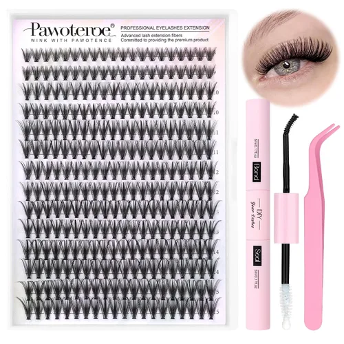 Vista 30 de Kit de Extensión de Pestañas Pawotence DIY 280 piezas, Kit de Racimos de Pestañas Individuales 20D y 30D Naturales 9-15mm, Kit de Extensiones