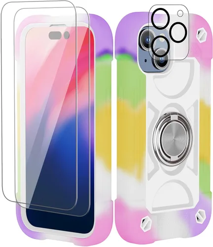 Vista 75 de Funda para iPhone 11 de 6.1 pulgadas con soporte de anillo, con 2 protectores de pantalla de vidrio, resistente a los golpes, resistente a