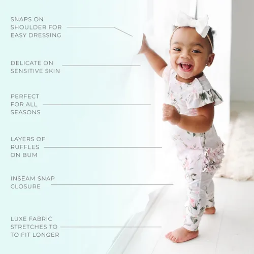 Vista 11 de Posh Peanut Mameluco de manga casquillo con volantes para bebé, ropa para niñas recién nacidas, pijama de una pieza para niños, viscosa suave