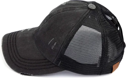 Vista 5 de C.C Gorra de béisbol de malla con diseño de estrella brillante, gorra de camionero ajustable para moño o cola de caballo Una banda elástica-negro