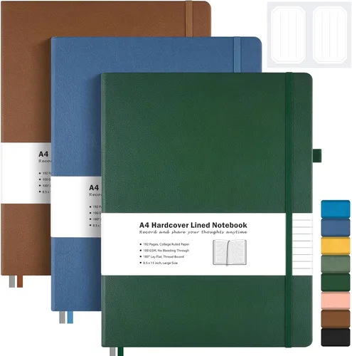 Vista 15 de Paquete de 3 cuadernos con rayas universitarias, cuaderno de cuero de tapa dura A4 para trabajo, cuaderno rayado diario para mujeres, hombres, 192
