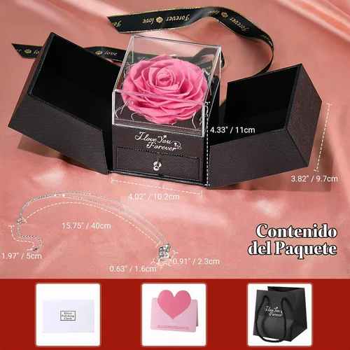 Vista 8 de Emibele - Regalos de rosa preservada para mujer, caja de rosa eterna con collar de corazón, regalos románticos con mensaje "te amo" para mujeres