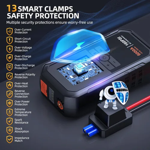 Vista 4 de Iniciador de 10 en 1 con compresor de aire 6000A 26800mAh 160PSI Iniciador de batería de coche portátil (todo gas/12L diésel), caja de arranque