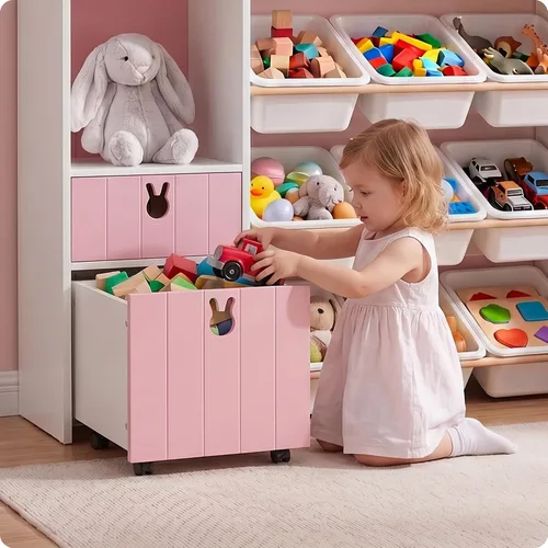 Vista 2 de Organizador de almacenamiento de juguetes para niños de 46.46 pulgadas de alto, baúl de juguetes con estante para libros, cubos de almacenamiento