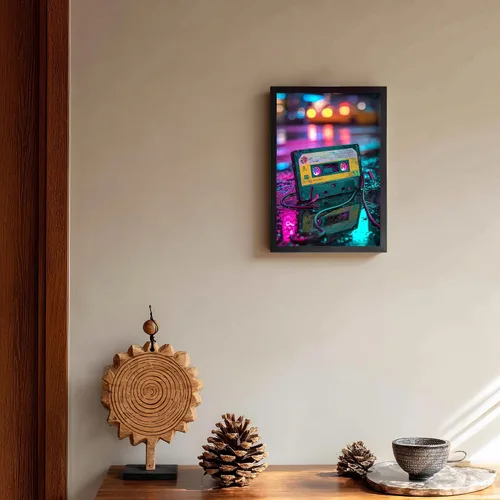 Vista 4 de Cinta de casete de audio retro y arte en lienzo de Walkman, fotografía de neón de la nostalgia musical de los años 80, decoración de pared