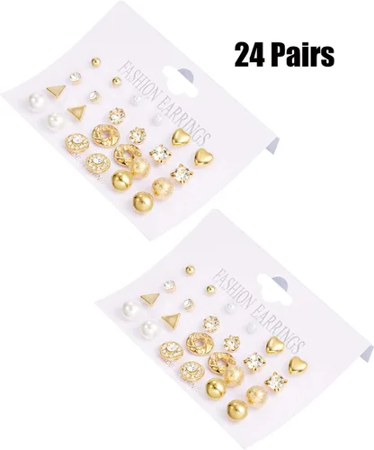 Vista 7 de BBTO Juego de 24 pares de aretes de perlas de cristal, joyería para mujeres y hombres