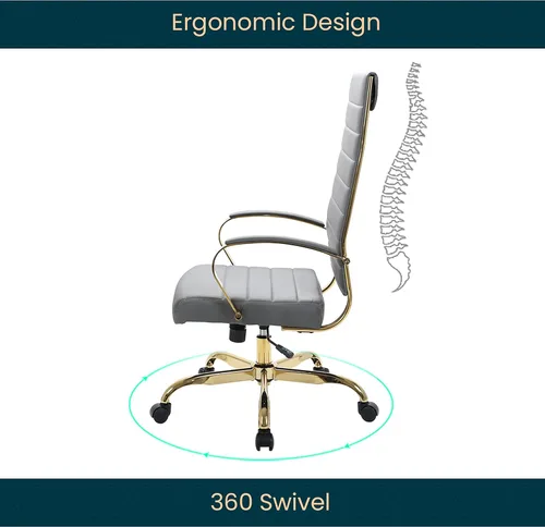Vista 9 de LeisureMod Silla de oficina moderna de cuero con respaldo alto, silla de escritorio ejecutiva giratoria y ajustable con marco dorado, diseño Gris