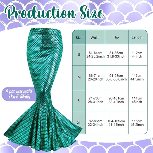Vista 2 de Toulite Juego de 4 disfraces de sirena de Halloween para mujer, falda de tubo de lentejuelas, falda de cola larga, cintura de perlas y cadena