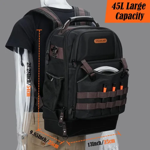 Vista 5 de WELKINLAND Mochila de herramientas de 76 bolsillos, mochila para electricista de fondo duro, mochilas grandes de alta resistencia