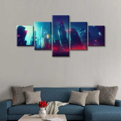 Vista 24 de Cuadros de 5 paneles de Cyberpunk City, arte de pared, representación de vallas publicitarias, edificios modernos en la capital con obras de arte