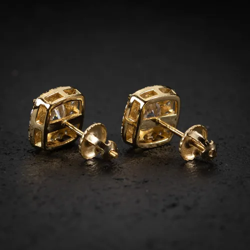 Vista 6 de Pendientes de plata de ley de oro amarillo para hombre, corte cuadrado, estilo hip hop, con cierre de rosca, Plata de ley, Circonia cúbica