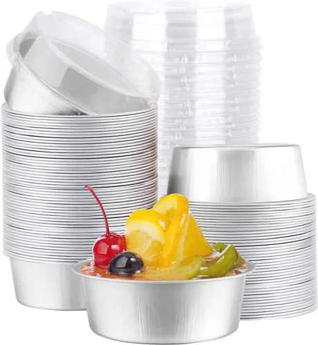 Vista 13 de EUSOAR Ramequines desechables con tapas, 50 unidades de papel de aluminio para hornear, moldes de 5.1 fl oz para cupcakes para tartas, quiche Lluvia