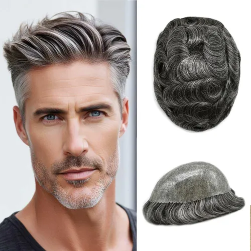 Vista 63 de Mens Toupee Hair System para hombres Piezas de pelo Sistema de reemplazo Poly Skin Toupee para hombres Protesis Capilar Para Hombre 6X8#1 Jet Black