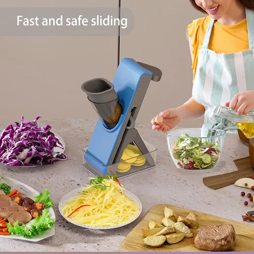 Vista 5 de Cortador de mandolina gris y azul claro - Cortador y picador de patatas y verduras - Fácil de limpiar artefacto de cocina para picar