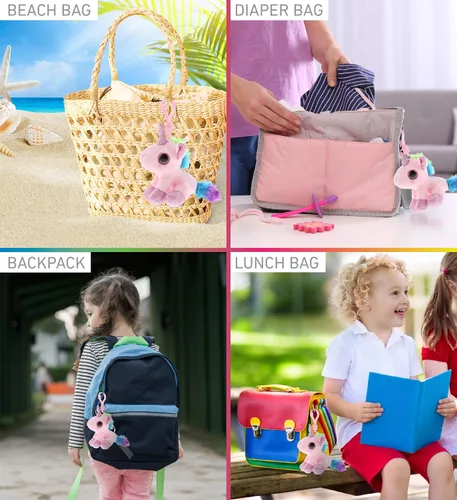 Vista 4 de DolliBu Llavero de peluche de unicornio rosa con clip – Dije de mochila de animal de peluche de unicornio pequeño, lindo juguete de llavero