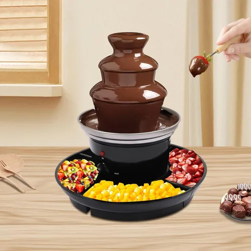 Vista 3 de Fuente de chocolate de 3 niveles para fiestas, mini máquina de fondue de capacidad de 1 libra con 6 tenedores y bandeja, fuente de fiesta