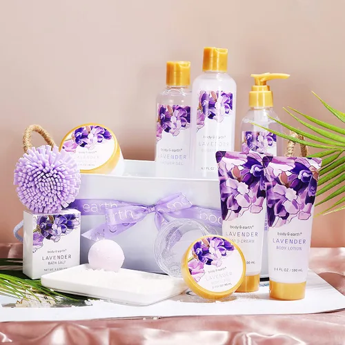 Vista 3 de BODY & EARTH Cestas de regalo de spa de lavanda para mujeres, regalos lujosos para mujeres, juegos de baño y cuerpo, 11 piezas, juegos de baño